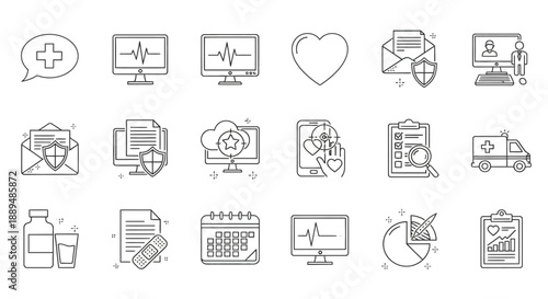 A collection of medical icons depicting healthcare elements like heartbeats monitors medicine and vital signs