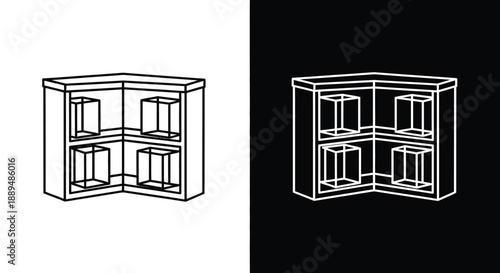 A detailed illustration of a corner cabinet presented in both white on a light background and black on dark