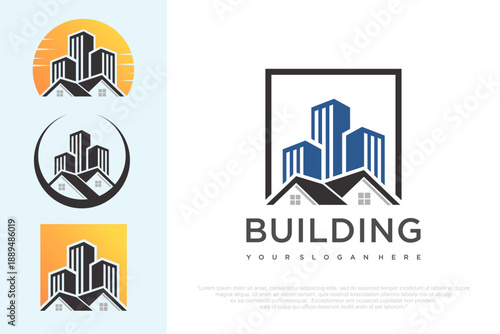 Real Estate Logo Design with City Building and House Icon .vector illustration
