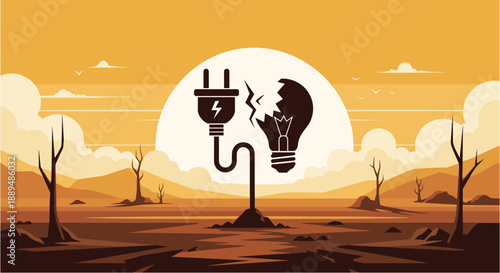 Broken light bulb and power plug symbolize energy crisis and environmental disaster