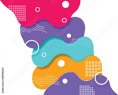 A colorful abstract design with wavy shapes and geometric patterns on a white background