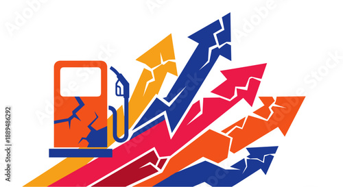 Rising fuel prices illustrated by a cracked gas pump and upward trending arrows