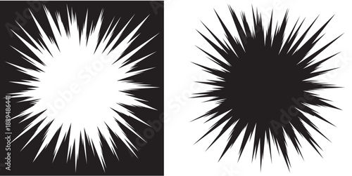 Editable Starburst Vector Icons – Comic Style Impact Shapes for Graphic Design. Comic Panel Explosion Icons. Speed lines in frame