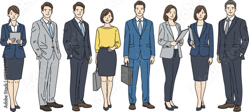 Large group of diverse professional business people wearing formal suits and smart casual office attire standing in a row isolated on white background vector illustration.
