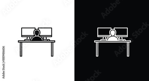 A minimalist depiction of a person working at a computer desk shown in both black and white versions