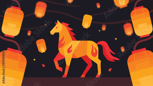 Illustration Of Fire Horse Standing With Lanterns Floating Around, Festive Mood Vector Design Template