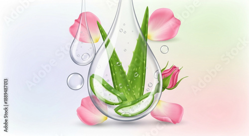 Aloe vera leaf in a large water drop with pink rose petals on a pastel background