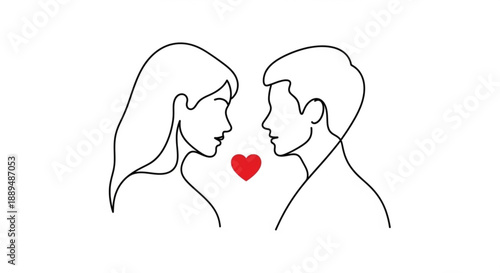 Loving couple faces touching noses with heart symbol between them in minimalist line art style on white background