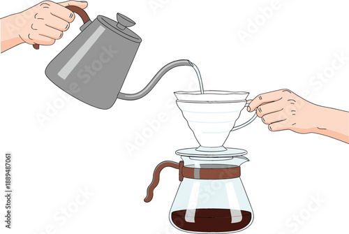 Professional barista hands pouring hot water from a gooseneck kettle into a glass dripper for craft pour over coffee brewing vector illustration.