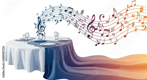 Dinner table with musical notes and colorful tablecloth flowing into sunset symbolizing harmony and celebration