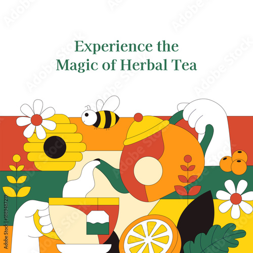 Herbal Tea Flat Cartoon Hand Drawn Illustration With Creative Background Design