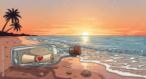 Message in a bottle with heart on a tropical beach at sunset with palm trees