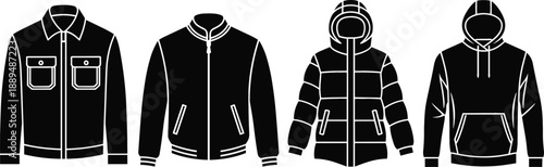 Men's outerwear silhouette icon set with work jacket bomber puffer coat and hoodie for fashion retail and apparel technical drawing vector