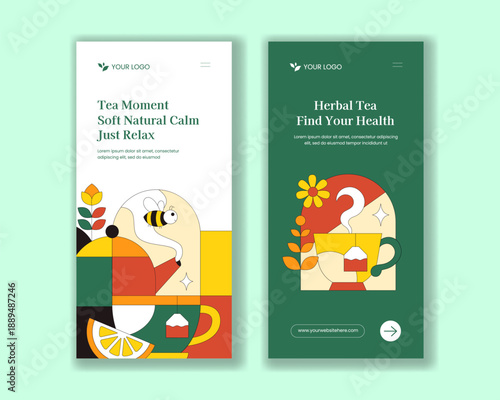 Vertical Banner Herbal Tea Flat Cartoon Hand Drawn Template Background Illustration