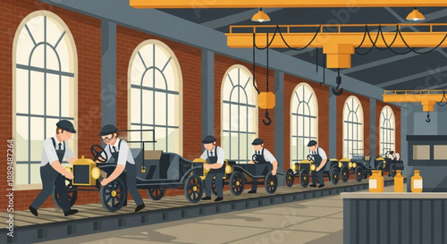 Industrial workers pushing mining carts in a brick factory warehouse with arched windows and yellow cranes