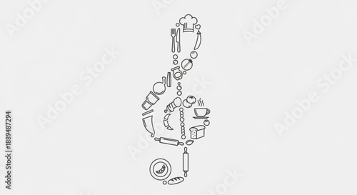 Detailed line drawing of various kitchen utensils and gadgets organized vertically