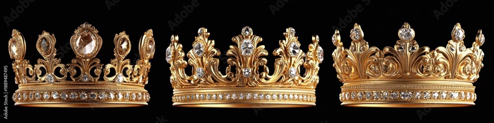 Fototapeta premium three ornate gold crowns studded with large diamonds and gemstones on a black background conveying regal luxury and majestic ceremonial elegance