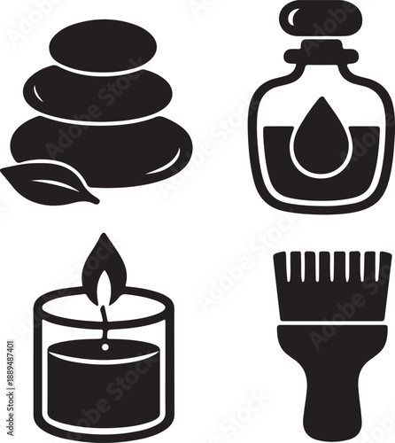Luxury spa beauty hand drawn vector doodles of massage stones, perfume and brush.