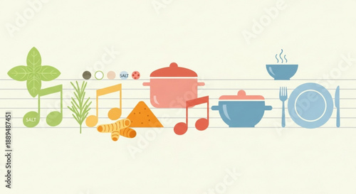 Colorful kitchen utensils and food icons on musical notes background with herbs