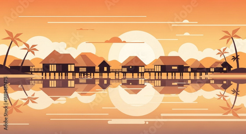 Tropical water village with huts on stilts at sunset palm trees and calm sea reflections serene travel background