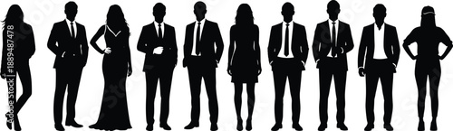 Black silhouette of professional businessman in suit and diverse family with children walking together isolated on white background for minimalist lifestyle and success concepts