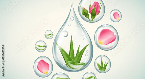 Aloe vera and rose petals in water droplets on a light background for skincare and beauty concepts with natural ingredients