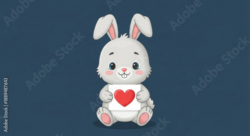 Adorable white bunny with heart symbol on chest cute cartoon character on blue background sweet expression pink accents heartwarming design