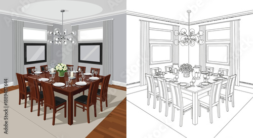 A split-screen comparison of a realistic and line-drawn dining room interior