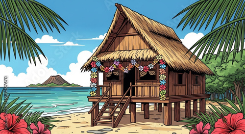 Tropical beach hut with thatched roof and colorful flowers on the porch palm trees and a distant island under a blue sky with white clouds