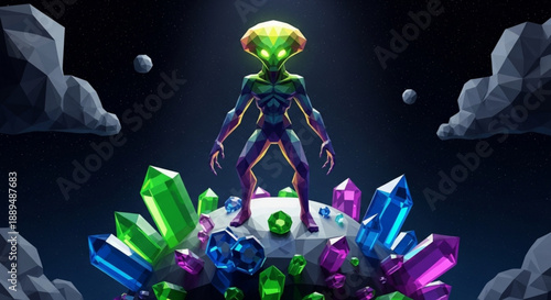 Vibrant alien creature standing on colorful crystal cluster in space with celestial background and glowing light