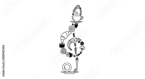 Black line art illustration of stacked breakfast food items on plates and trays creative spiral design