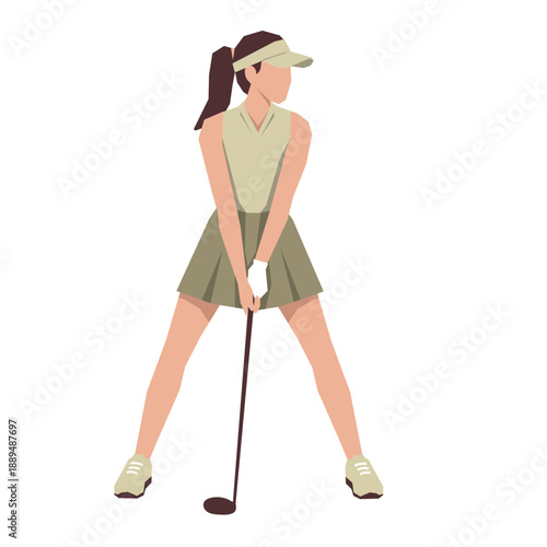 Golf girl players pose or movement when play with golf stick