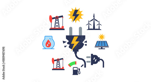 Diverse energy sources and electricity concepts illustrated with icons on a white background