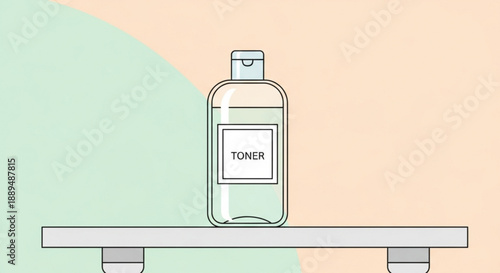 A clear glass toner bottle on a shelf with a pastel background simple line art illustration for skincare or beauty concepts