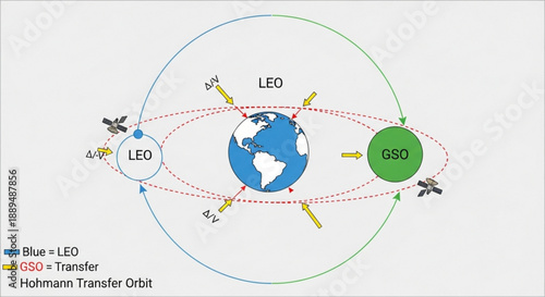 Earth with low earth orbit leo and geostationary orbit geo satellites hohmann transfer orbit diagram