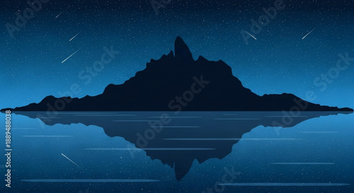 Dark mountain silhouette reflected on calm water under starry night sky with shooting stars