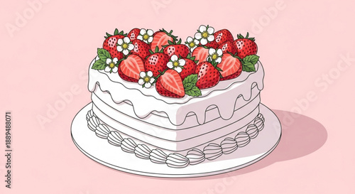 Delicious strawberry cake with white frosting and fresh berries on top of a plate