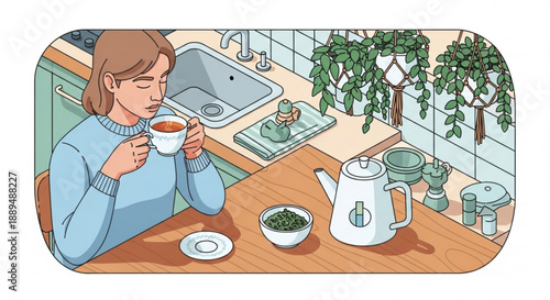 Woman enjoying tea at kitchen table with kettle and herbs