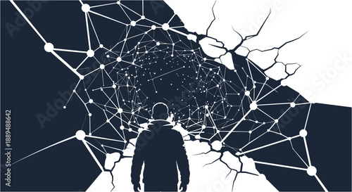 Silhouette of a person walking into a digital network tunnel breaking through a wall