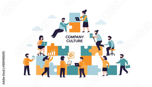 Illustration of diverse people collaborating to build a structure with puzzle pieces, symbolizing company culture, teamwork, and shared values.