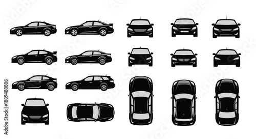 A detailed illustration showcases a variety of modern car models from multiple perspectives