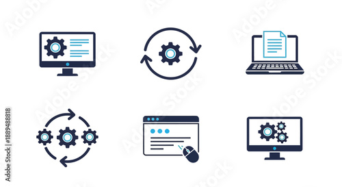 Illustrative icons representing software development automation data processing and digital workflow solutions in a clean style