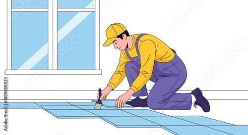 Flooring installer kneeling and applying adhesive to blue floor tiles for home renovation and professional handyman service vector