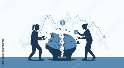 Two business people watch a broken piggy bank with falling stock market graph in the background