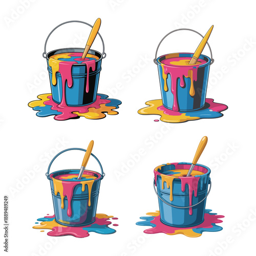Vibrant Bucket Full of Mixed Paints with Wooden Brush Dripping Colors Artistic Illustration