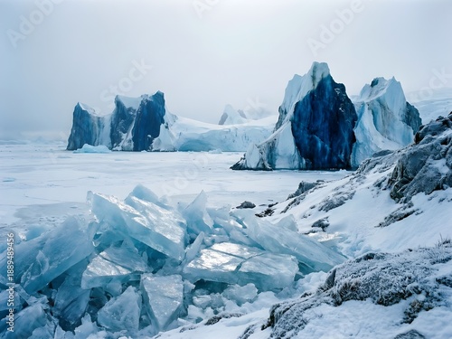 Snow and Ice of Antarctic Islands, Frozen Polar Seascape with Glaciers and Icebergs, Pristine Antarctica Wilderness for Climate Change, Science and Exploration Concepts
