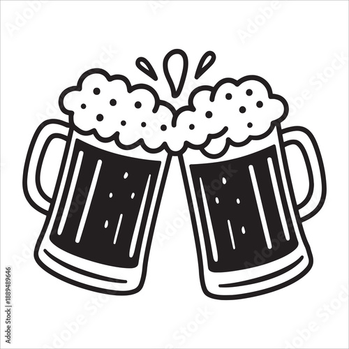 Line Art Beer Mugs Clinking Toast Celebration and Brewery Vector Icon