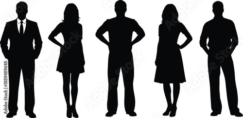 Black silhouettes of diverse group of professional people standing together in a row on black background, business team community vector illustration for corporate design