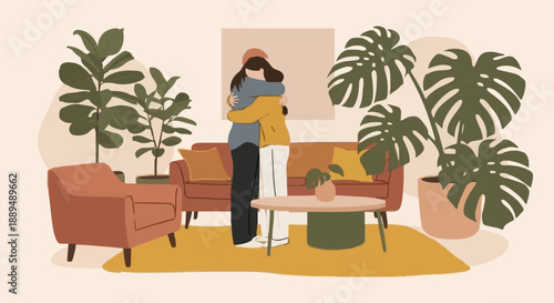 Couple embracing on a sofa surrounded by plants in a cozy living room