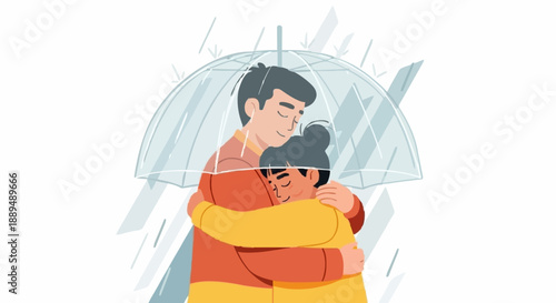 Couple embracing under umbrella during rainy day illustration